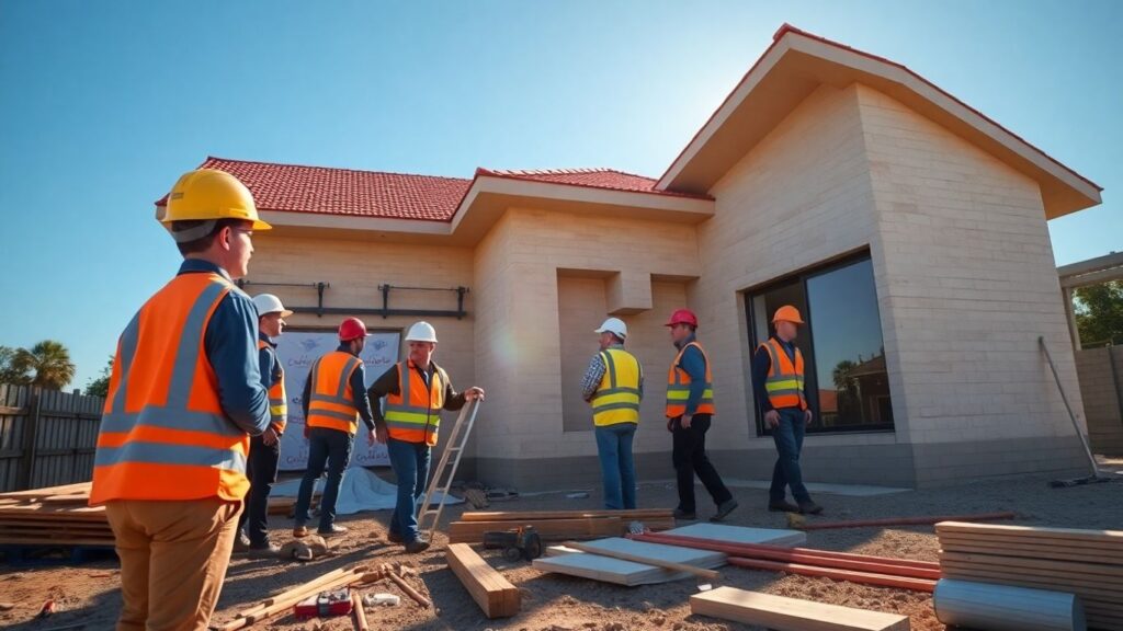 Construction workers building a house with tools and materials.