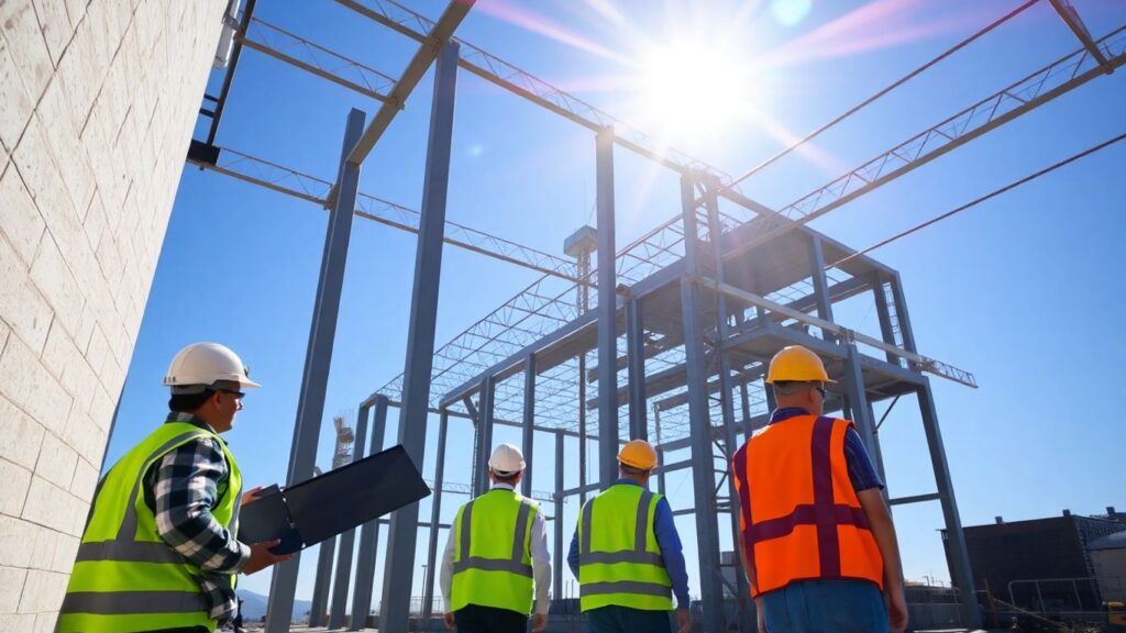 Construction workers building a modern structure in sunlight.