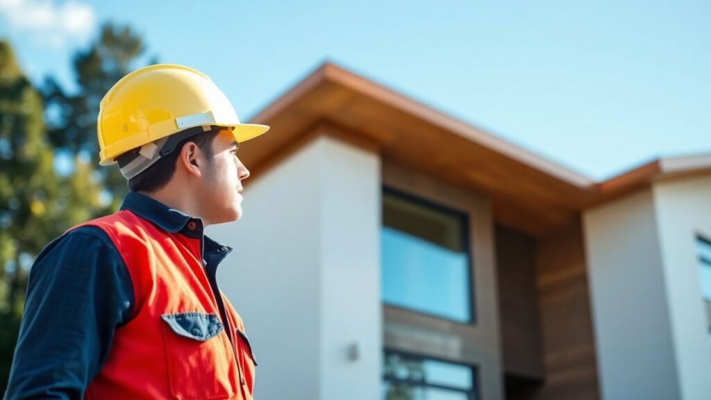 Contractor inspecting a new house exterior.