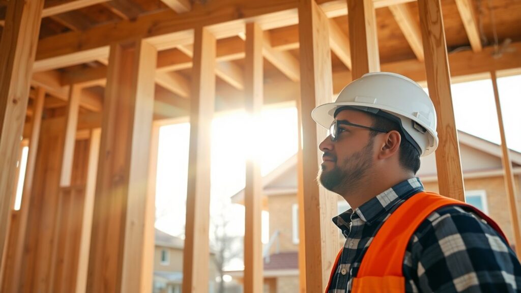 Construction worker inspecting new home framing.