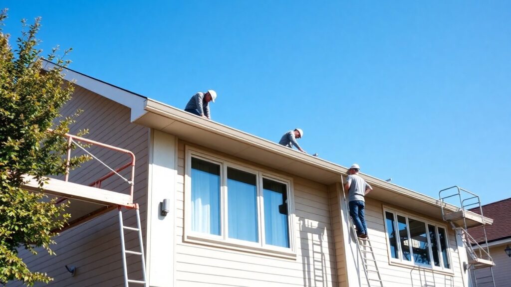 Construction crew working on a house exterior with scaffolding.