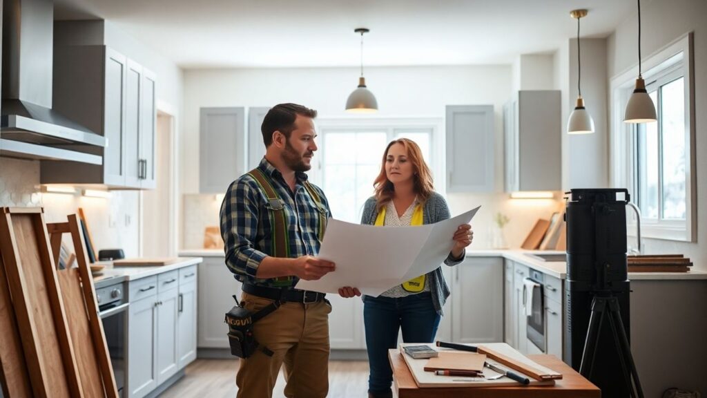 Contractor and homeowner reviewing kitchen remodeling plans