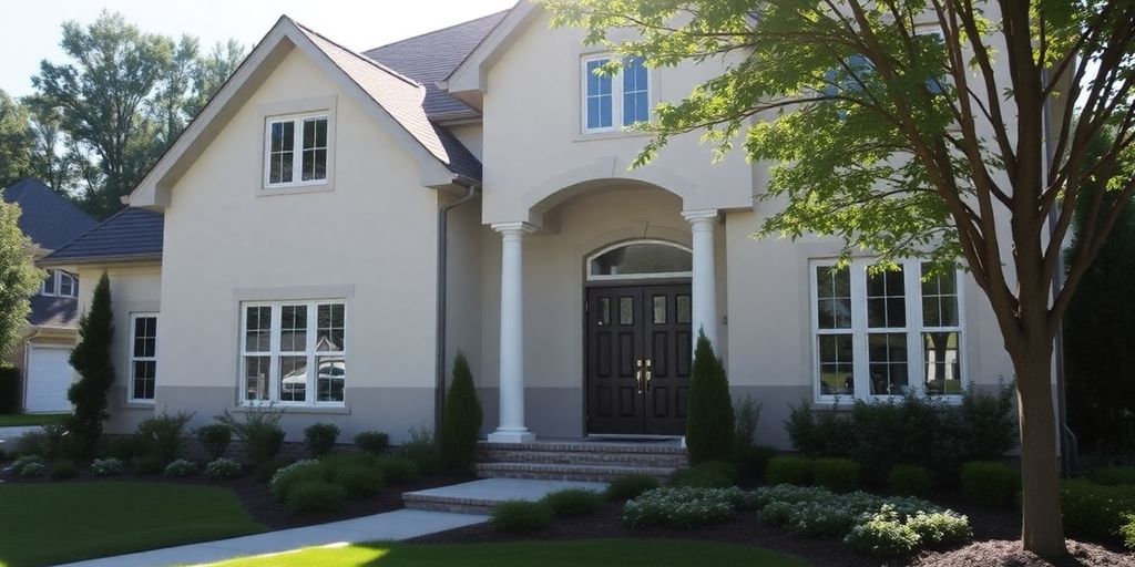 Exterior of a modern custom-built home with lush green landscaping.