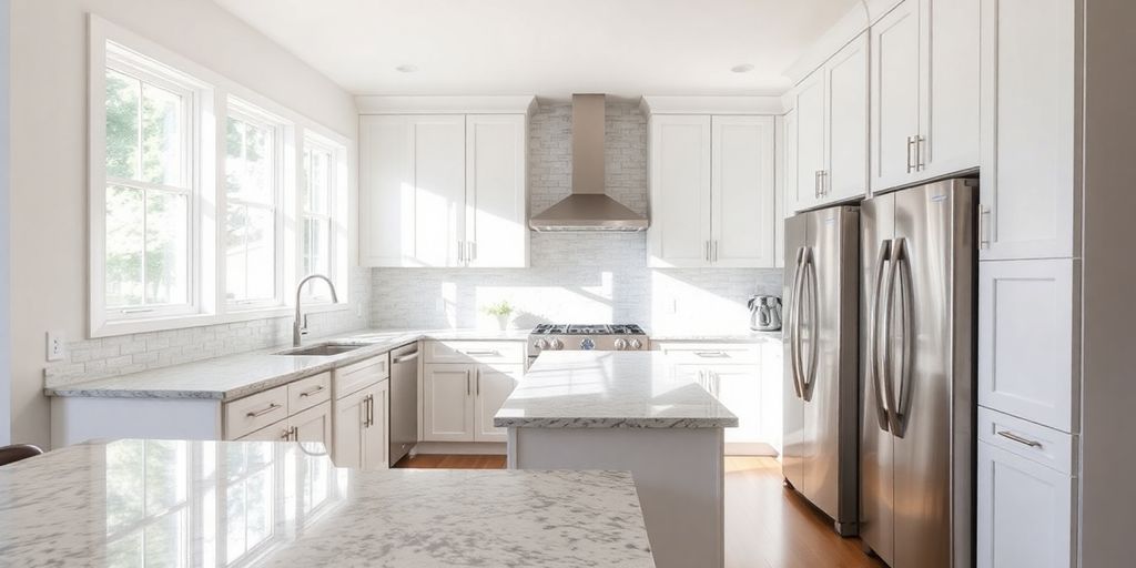 Modern home kitchen remodel with granite countertops and new cabinets.