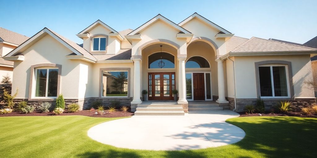 Beautiful custom home exterior with manicured lawn.