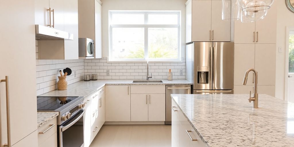 Modern kitchen renovation with island and granite countertops.