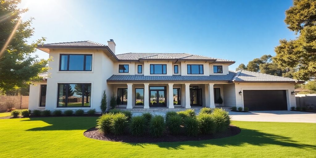 Modern custom home exterior with large windows and landscaping.