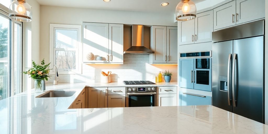 Modern kitchen remodel with bright lighting and new cabinetry.