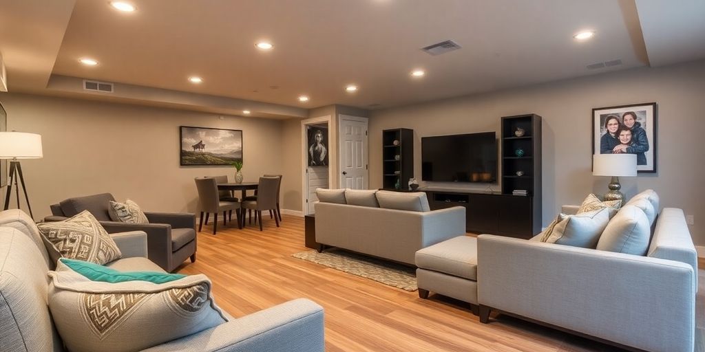 Finished basement living area with seating and entertainment center.