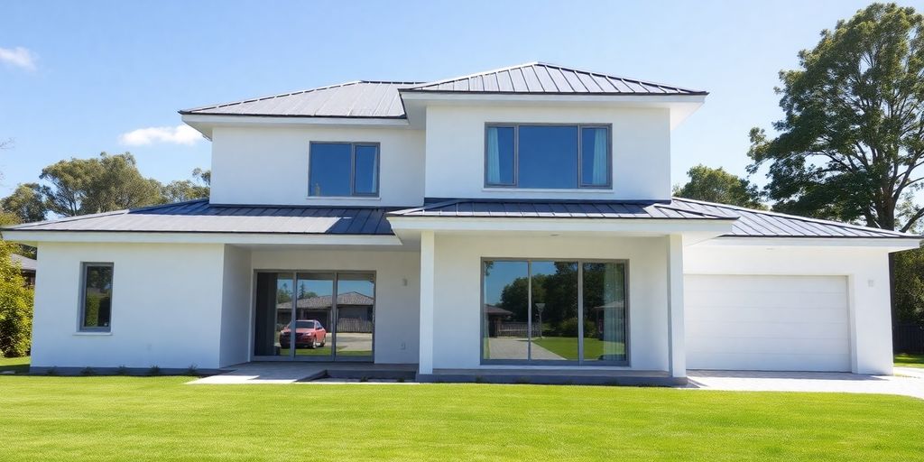 Beautiful new custom home with a clear sky.