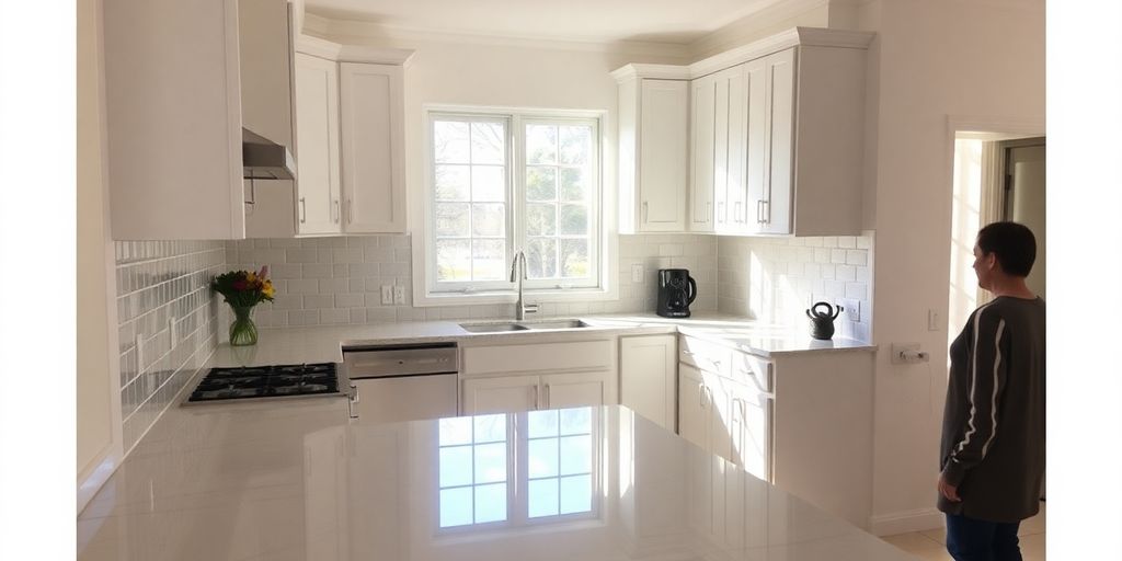 Peachtree City couple admiring a newly remodeled kitchen.