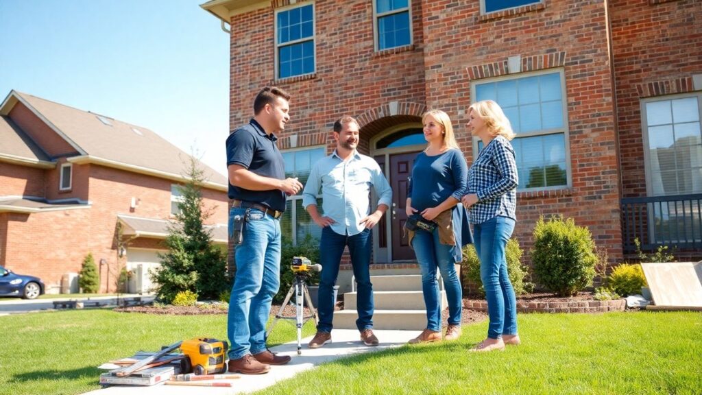 Home improvement contractor consulting with homeowners outside house
