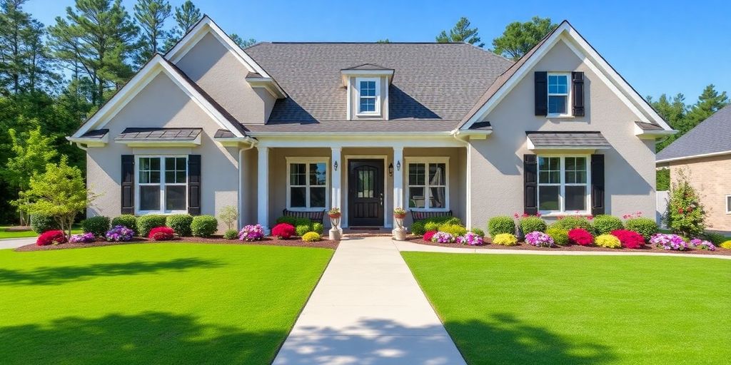 Modern Peachtree City home with manicured landscaping.