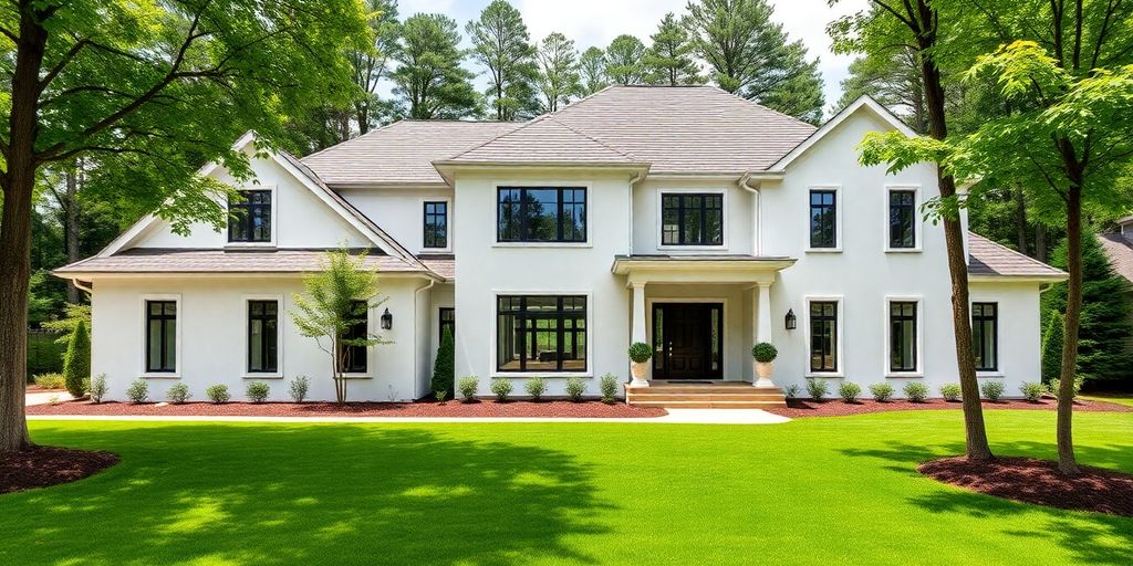 Modern custom home exterior with a manicured lawn.