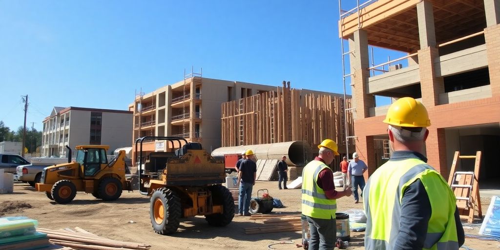 Peachtree City construction site with workers and equipment.