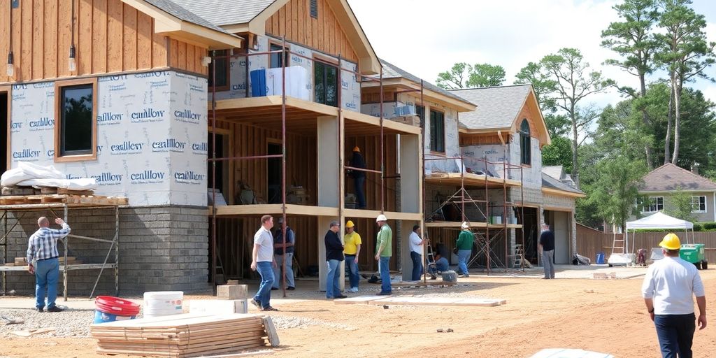 Peachtree City home renovation with construction workers.