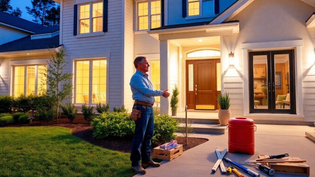 Contractor and homeowner meeting outside a remodeled Vinings house