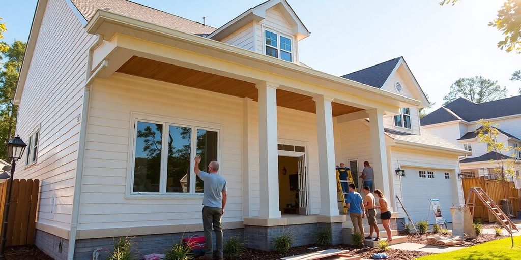 Peachtree City home exterior with construction crew.
