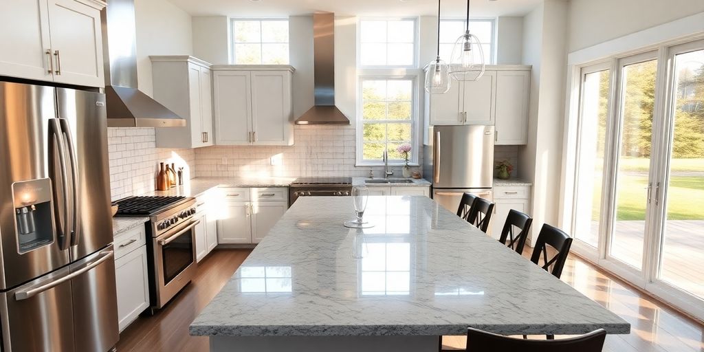 Remodeled kitchen with modern appliances and island.