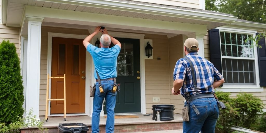 Home renovation in progress with contractors working on a house.