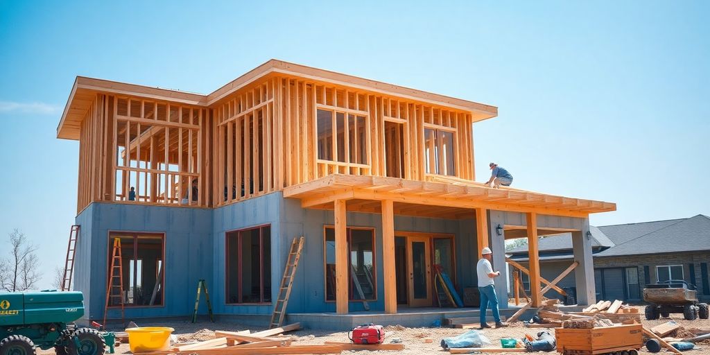 House construction site with workers and equipment.