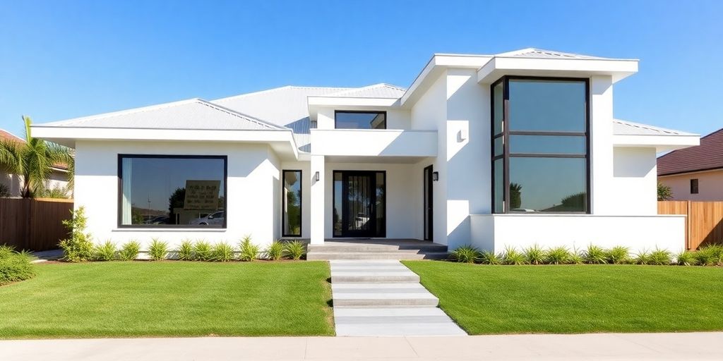 Modern dream house construction with builders nearby.