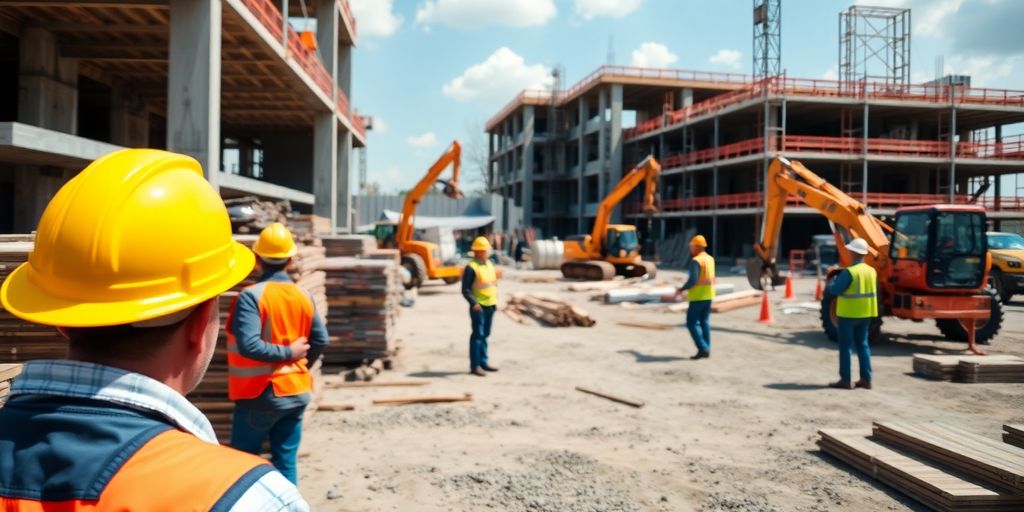 Construction site with workers and machinery.