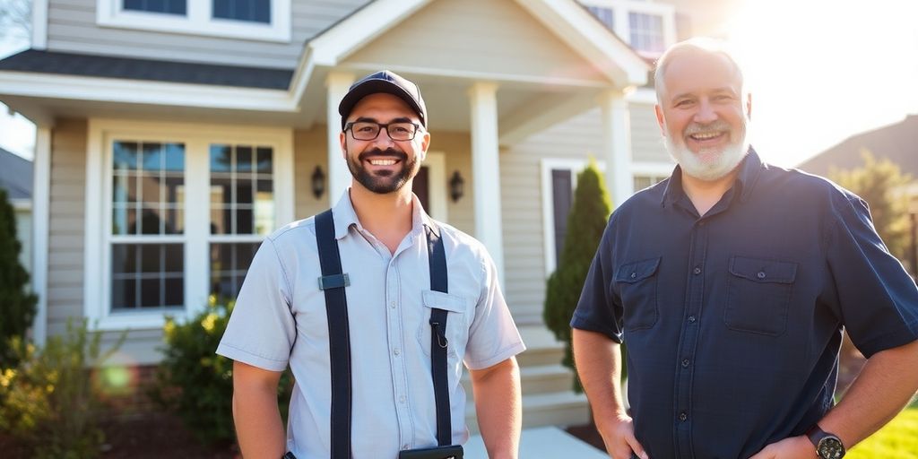 A smiling homeowner shakes hands with a contractor.