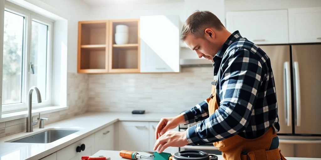 Home renovation with skilled contractor working on kitchen.