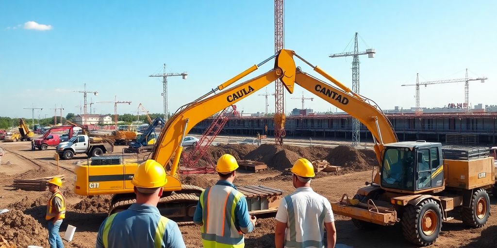 Construction site with workers and heavy machinery.