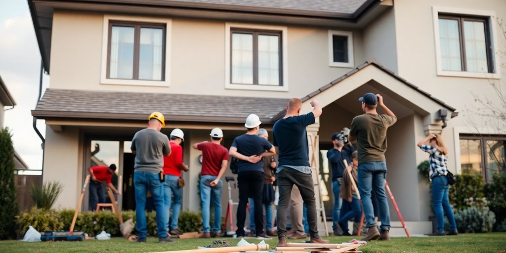 Home with contractors working on exterior.