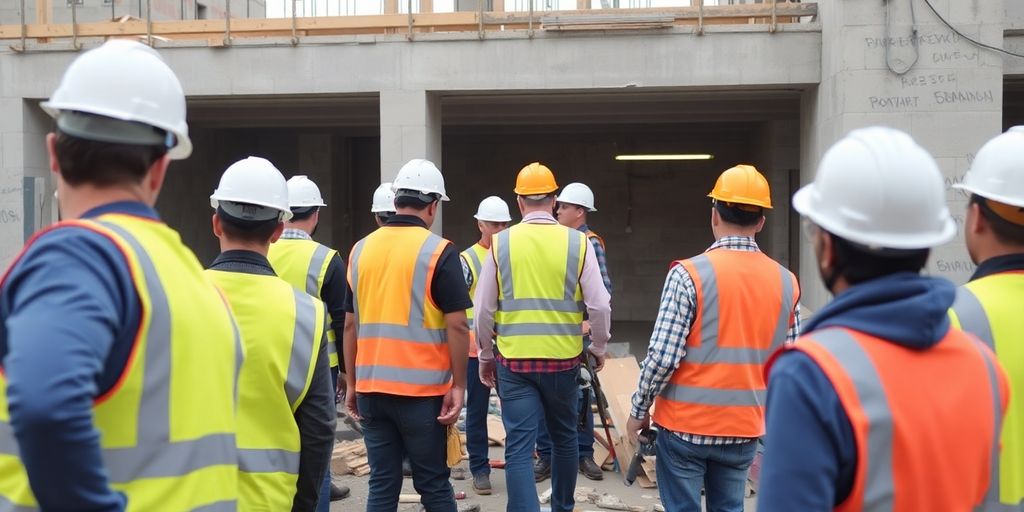 Building construction site with skilled workers.