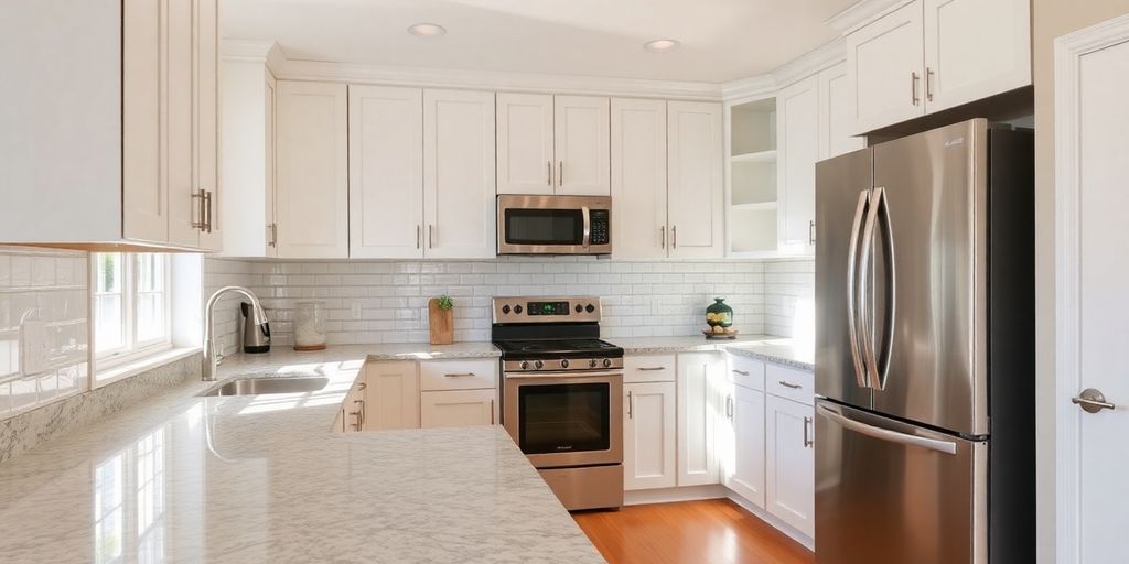 Modern kitchen remodel with granite countertops and stainless steel appliances.