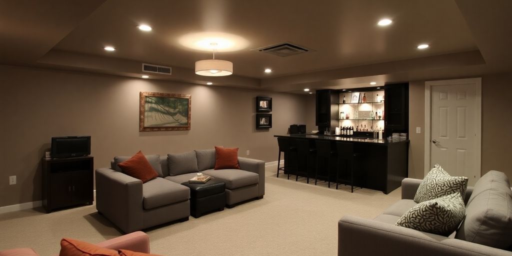 Finished basement with modern furniture and warm lighting.