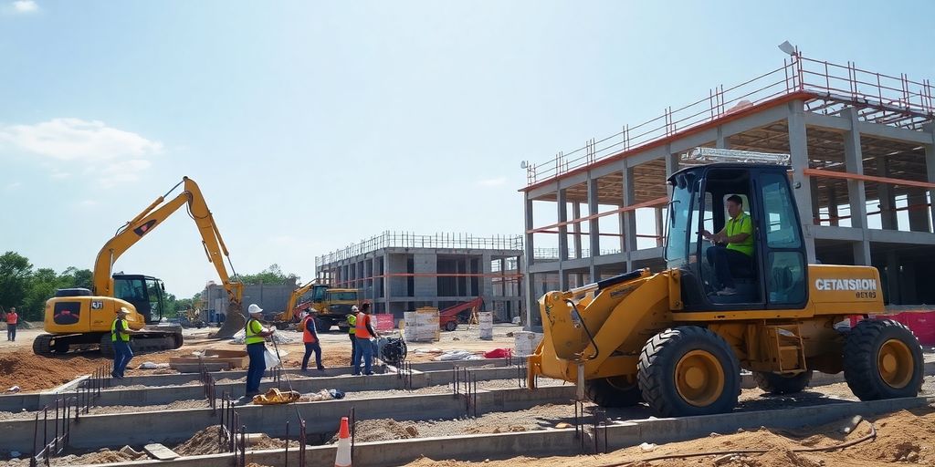 Construction site with workers and heavy machinery.