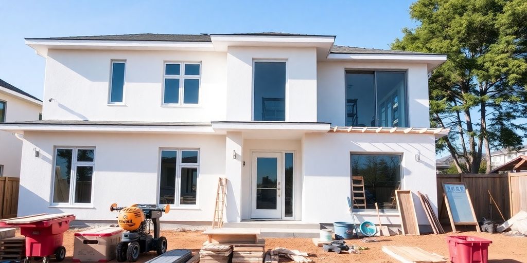 Skilled construction workers building a modern home.