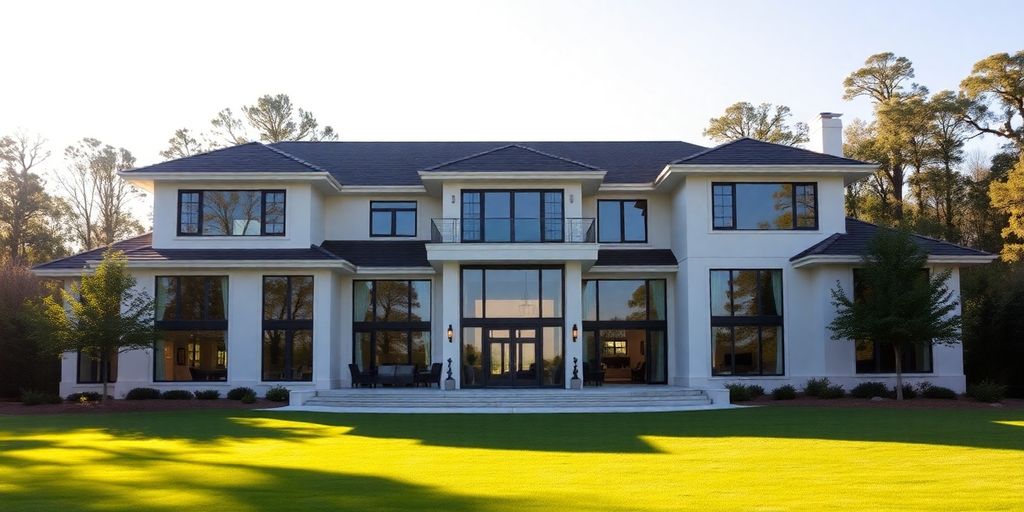 Modern custom home exterior with large windows.