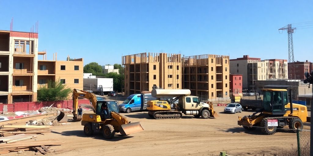 Construction site with workers and machinery.