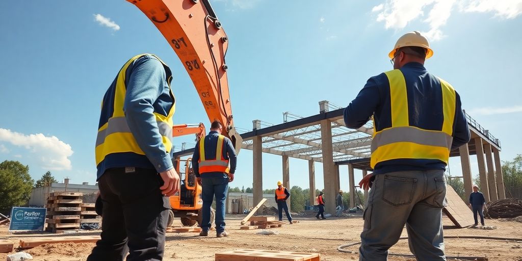 Decatur construction site with workers and machinery.