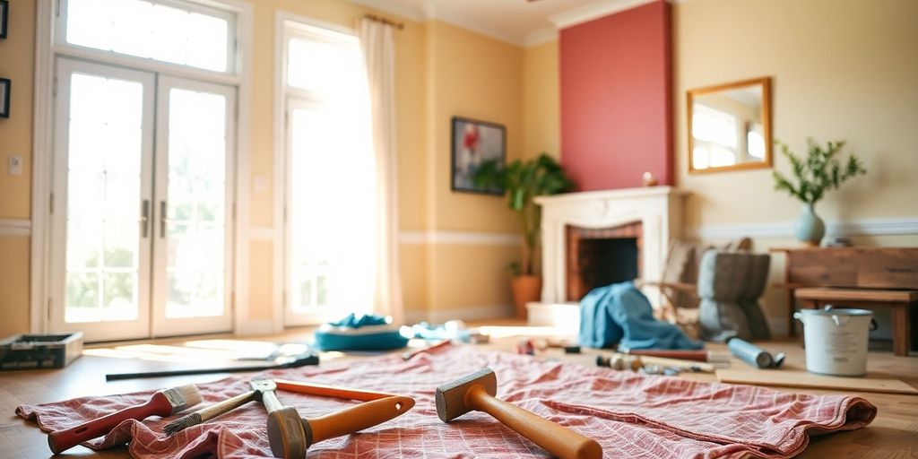 House renovation in progress with tools and materials.