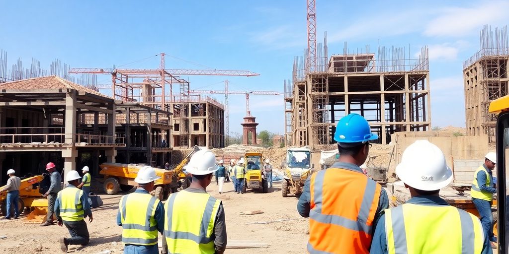 Construction site with workers and equipment.
