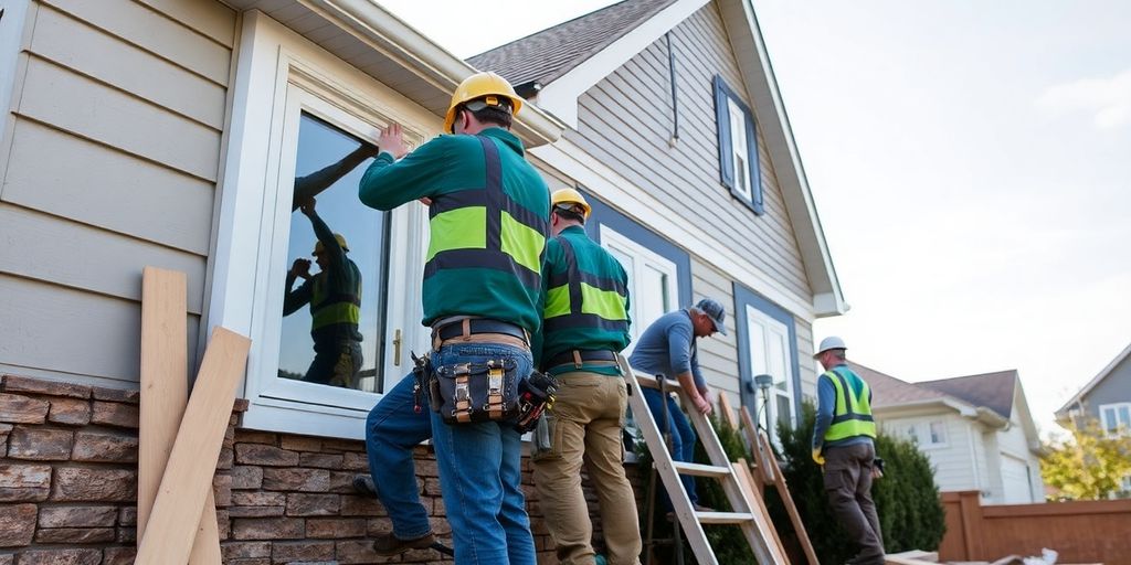 Contractors working on a residential building.