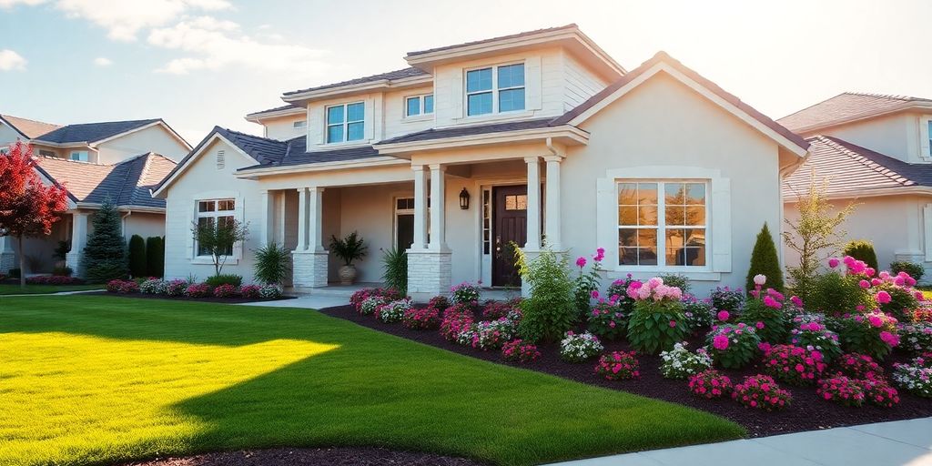 Modern home exterior with tasteful landscaping.