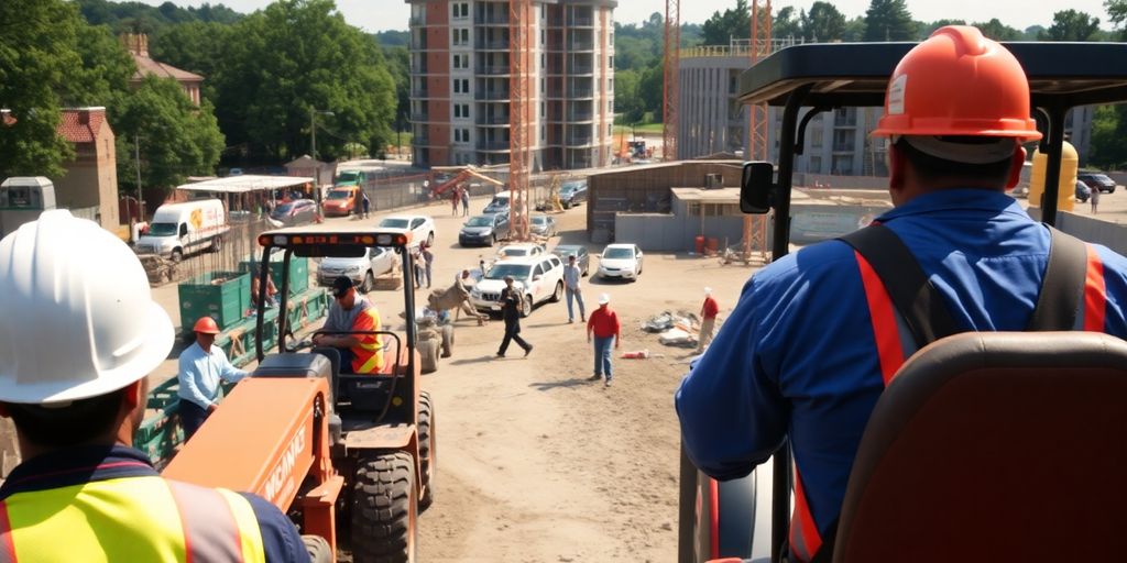 Construction site with workers and heavy machinery.