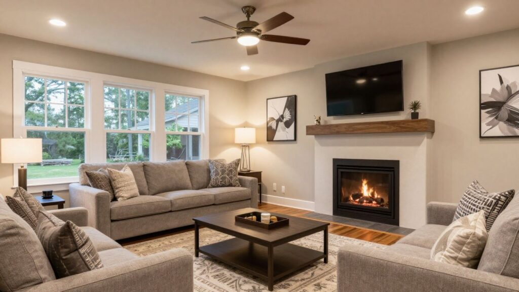 Finished basement living area with fireplace and entertainment center.