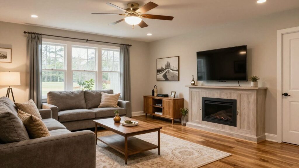 Finished basement living area in Berkeley Lake, Georgia.