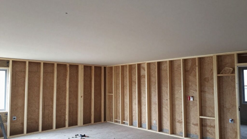 Newly installed basement drywall ceiling and framing.