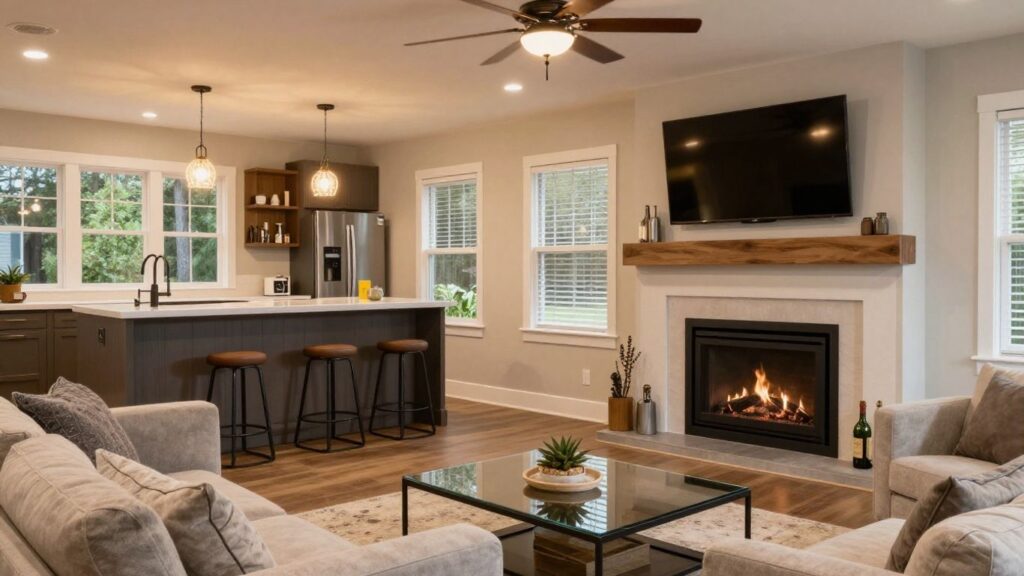 Remodeled basement living space with fireplace and bar.