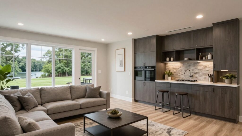 Finished basement remodel with modern finishes and wet bar.