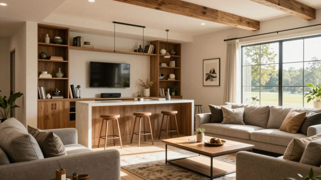 Modern basement living area renovation in Berkeley Lake, Georgia.